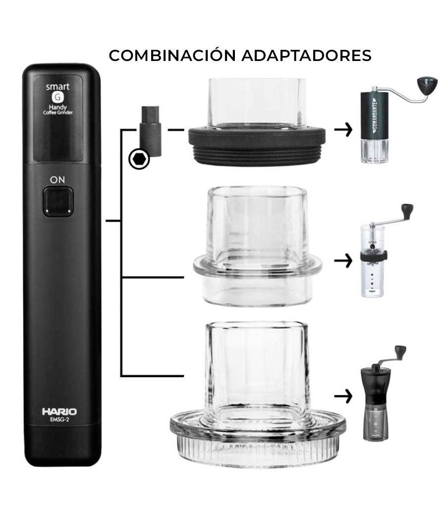Combinación de diferentes adaptadores con los que puedes usar el mobile mill stick de Hario y convertirlos en molinos eléctricos.