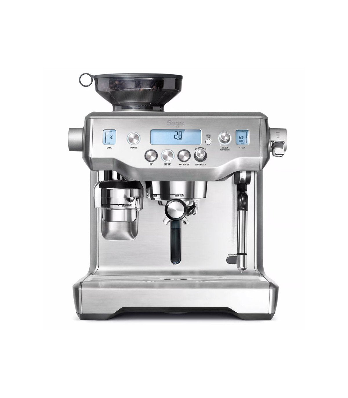 Cafetera Sage The Oracle plateada, con molinillo y espumador de leche integrado