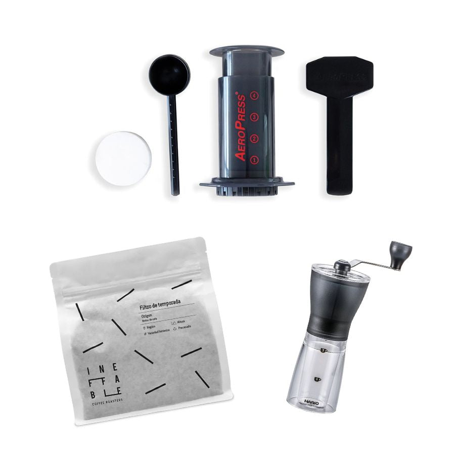 Pack de café o kit para regalar de café de especialidad que incluye AeroPress, molinillo Hario mini mill y café de especialidad de temporada