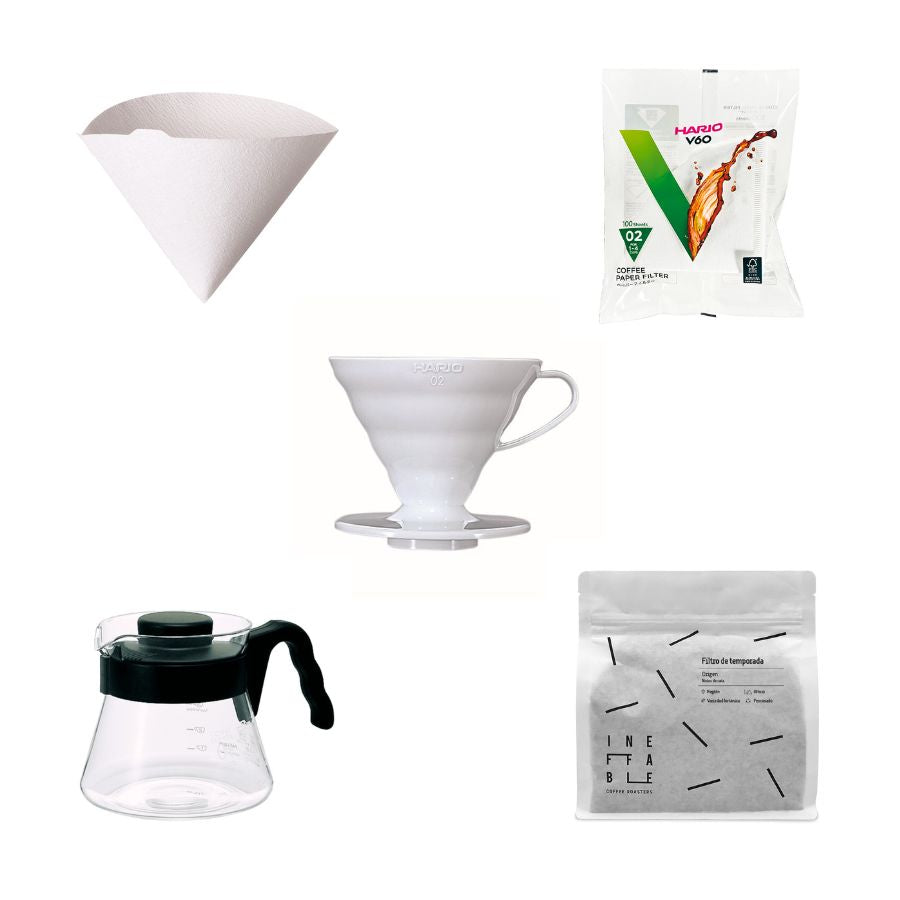 Pack para iniciarse en el café v60 o de filtro que incluye dripper v60 más filtros v60 más jarra v60 hario más un paquete de café de especialidad para filtro