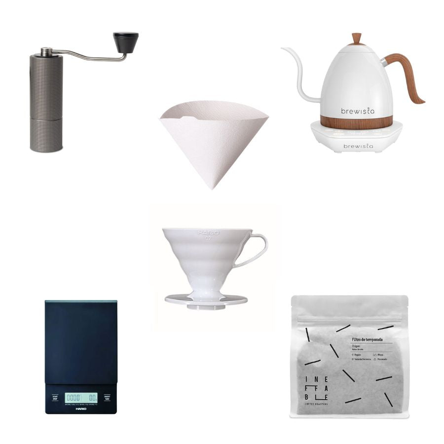 Pack o kit de café para regalar especial para café de filtro que incluye molino de café, hervidor de agua, báscula de café, filtros de papel, dripper y café de filtro de temporada