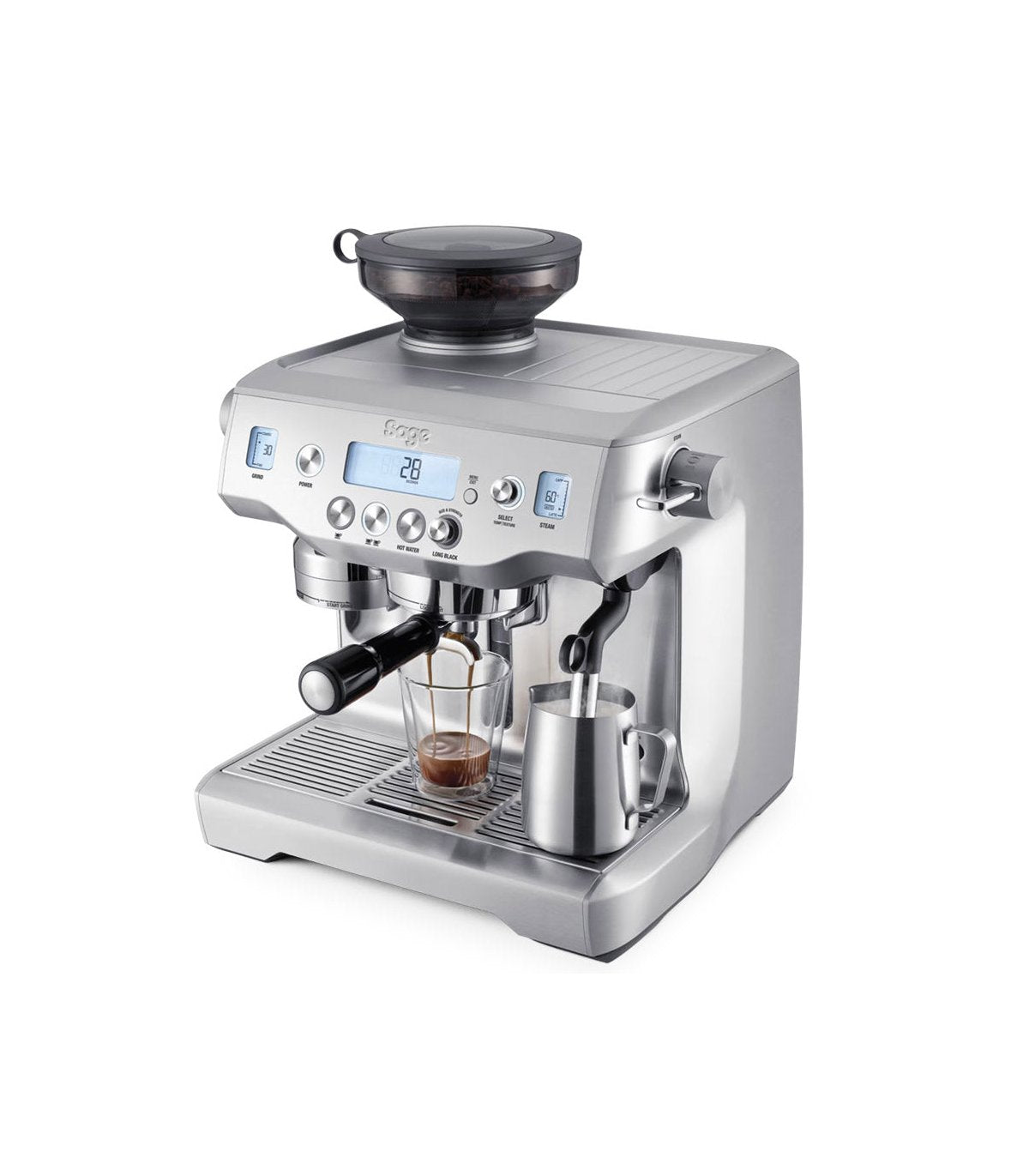 Cafetera con espumador de leche y molinillo sage the oracle