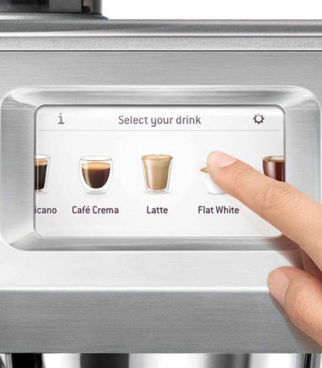 Pantalla táctil para seleccionar tipo de café en cafetera sage the oracle touch